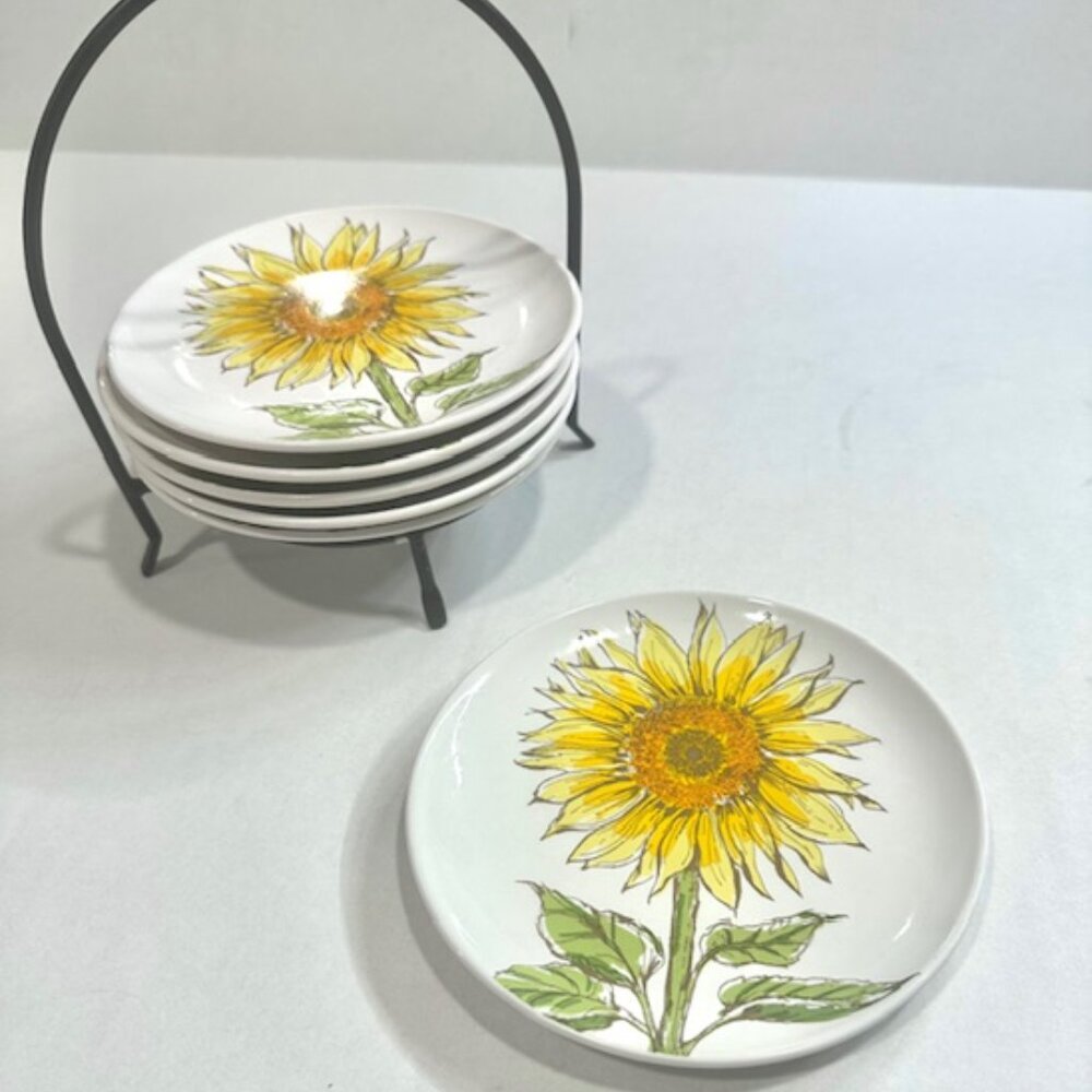 Signature Hoursewares Stoneware Plate Set of 6 W/ Metal Caddy Sunflower Design - Picture 14 of 14